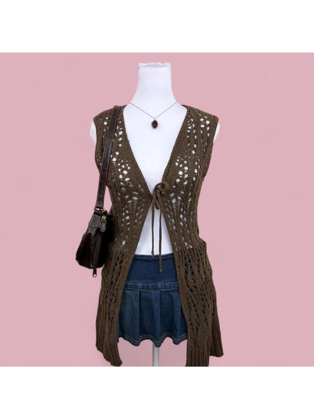 y2k boho crochet netted long line vest